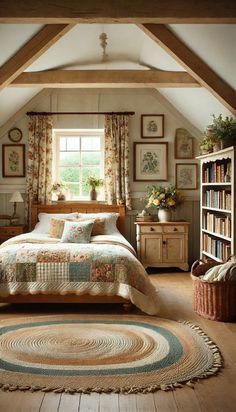 a bedroom with a bed, bookshelf and rug on the floor in front of it