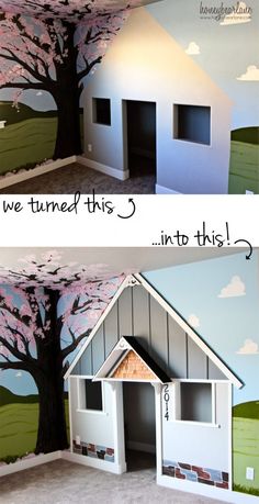 two pictures side by side one has a dog house and the other has a tree painted on it