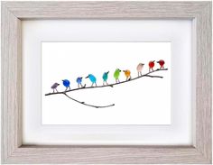 a group of birds sitting on top of a tree branch in front of a white frame