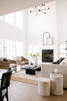 a living room filled with furniture and a fire place in the middle of a room