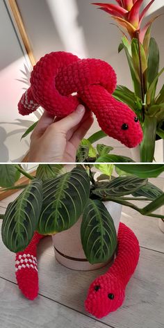 two pictures of a red snake stuffed animal next to a potted plant on a table