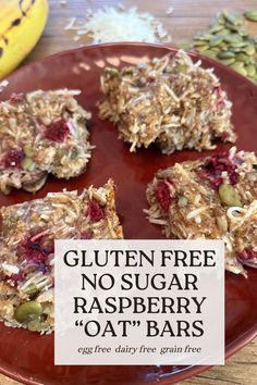 gluten free no sugar raspberry oat bars on a red plate