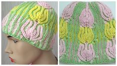 two pictures of a crocheted hat on top of a mannequin head