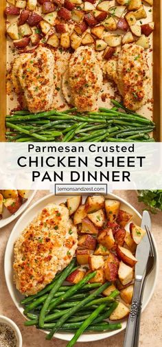 chicken sheet pan dinner with green beans and potatoes on the side, topped with parmesan crusted chicken