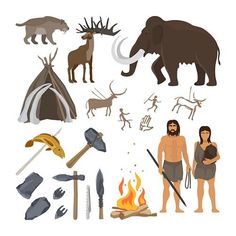 an image of people and animals around the campfire with firewood, axes