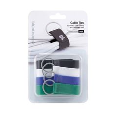 two pairs of cable ties in packaging with white and blue stripes on the front, black and green stripe on the back