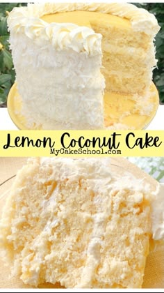 lemon coconut cake with white frosting on a plate