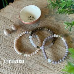 Soft mauve and pink tones accomoanied by grey wood, pearl and gold. The perfect goft for someone or treat just for you! Visit IG or Etsy shop to order. Custom orders welcome! Crystal Beaded Bracelets, Crystal Beads Bracelet, Pink Tone, Rose Quartz