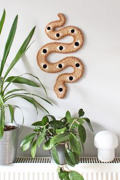 a snake is on the wall next to a potted plant and some plants in front of it