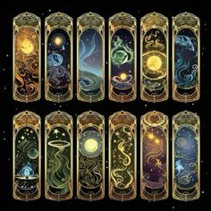 twelve zodiac signs in gold frames with stars and planets above them on a black background