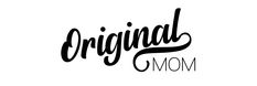 the original mom logo is shown in black and white, with an ornate script that reads