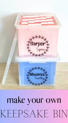 two plastic storage containers with the words make your own keepsake bins on top