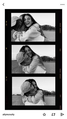 three different shots of a man and woman hugging each other in black and white photos