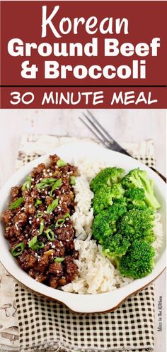 korean ground beef and broccoli with white rice in a bowl on a table