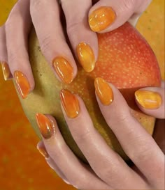 Orange Jelly Nails Acrylic, Orange Kawaii Nails, Nail Inspo Yellow, Orange Funky Nails, Acrylic Nails With Oranges Fruit, Yellow And Orange Aura Nails, Mango Nails, Hello Nails