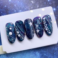 Bohemian Nails, Nail Noel, Nail Art Noel, Star Nail Designs, Nail Art Designs Images, Korean Nail Art, Art Deco Nails, Galaxy Nails, Blue Nail Art