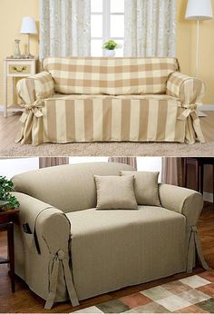 before and after photos of the same couch in different stages of upholstering