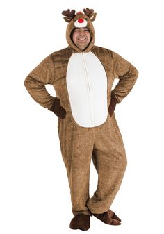 a man in a reindeer costume is standing with his hands on his hips and smiling