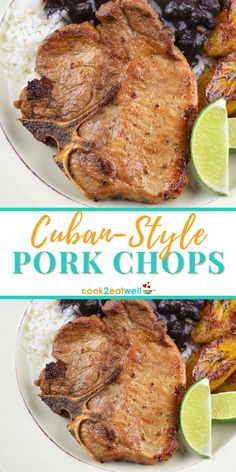 Two images of the pork chops served with white rice, black beans, fried sweet plantains and lime wedges on a white plate. Between the pictures is a graphic with the title in yellow and aqua letters. Cuban Pork Chops Recipes, Pork Chop Spanish Style, Pork Chops Puerto Rican Style, Pork Chop Recipes Spanish Style, Cuban Style Pork Chops, Sazon Pork Chops, Caribbean Pork Chops, Mexican Style Pork Chops, Spanish Pork Chop Recipes