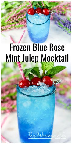 two glasses filled with blue liquid and topped with cherries, mint leaves and ice