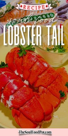 lobster tails on a plate with text overlay