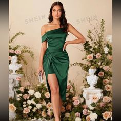 Shein Belle Asymmetrical Neck Twist Dress Size: Xs New With Tags Event Dresses Short, Bridesmaid Dresses Short, Vestido Shein, Short Sheath Dress, Short Green Dress, Preppy Prom, Shein Brasil, Business Formal Dress, Twisted Dress