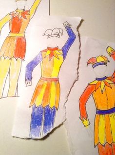 two children's drawings of different outfits on paper