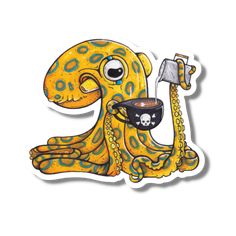 an octopus sticker with a pirate mug in it's mouth and a chain around its neck