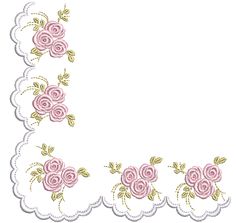 a pink rose border with white scalloped edges and gold embroidery on the edge