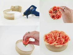 there are four pictures of different things made out of wood and paper with flowers in them