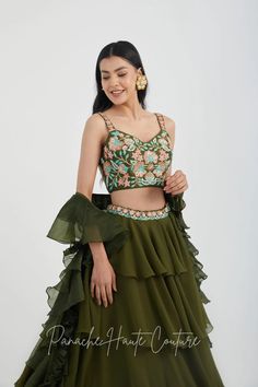 Mehendi Color Tiered Skirt with Crop Top – Panache Haute Couture Elegant Green Sharara With Ruffles, Green Georgette Set With Ruffles, Elegant Green Ruffled Sharara, Tiered Ruffle Georgette Lehenga, Floor-length Ruffled Georgette Choli, Wedding Sharara With Ruffles And Tiered Skirt, Floor-length Ruffled Georgette Lehenga, Festive Ruffled Tiered Skirt Dresses, Festive Tiered Ruffled Skirt Dresses