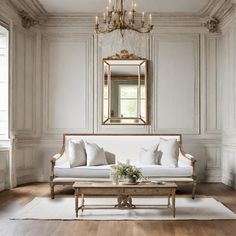 a living room filled with furniture and a chandelier hanging from the ceiling over a wooden coffee table