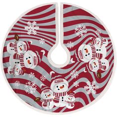 a red and white christmas tree skirt with snowmen on the front, hanging from a hook