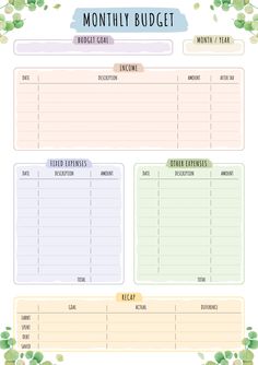 a printable budget sheet with the words, money and savings on it in green leaves