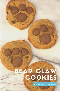 three chocolate chip cookies with the words easy family baking bear claw cookies on top and bottom