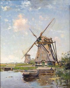 an oil painting of a windmill on the water