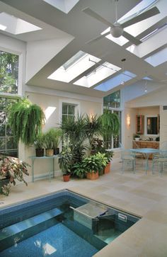 an indoor swimming pool surrounded by potted plants and windows with skylights on the ceiling