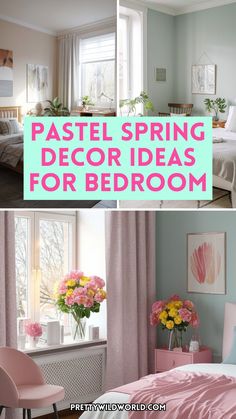 pastel spring decor ideas for bedroom with pink and yellow flowers in vases on the window sill