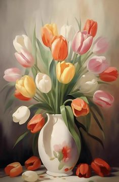 a painting of tulips in a white vase on a table with petals scattered around