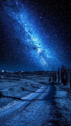 the night sky is filled with stars above a dirt road that runs through an open field