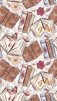 an image of a pattern with books and flowers on the tablecloth, as well as butterflies