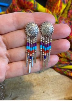 STERLING SILVER AZURITE HEISHI FEATHER STAMPED CONCHO DANGLE FRINGE EARRINGS  | eBay Boho Colors, Fringe Earrings, Colorful Boho, 925 Silver, Dangle Earrings, Stamp, Turquoise, Things To Sell, Sterling Silver