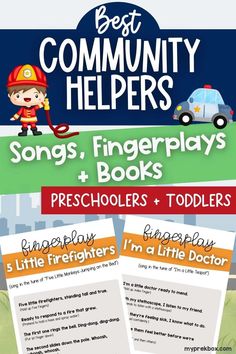 a fireman and a police car with community helpers-themed finger plays, songs, and box Community Helpers Songs For Toddlers, Fingerplays For Toddlers, Community Helpers Books, Community Helper Books, Community Helpers Police, Preschool Circle Time Songs, Community Helpers Activities, Community Helpers Preschool Activities