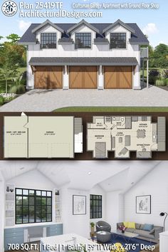 two story house plan with 3 car garage and attached living room, kitchen, dining area