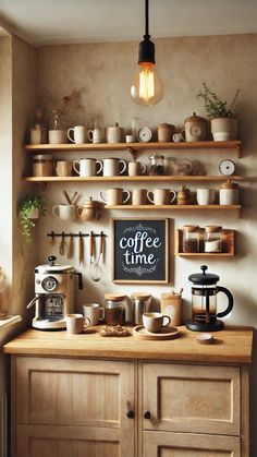 a kitchen with wooden cabinets and shelves filled with coffee cups, mugs and utensils