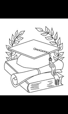 a black and white line drawing of a graduation cap, diploma and laurel