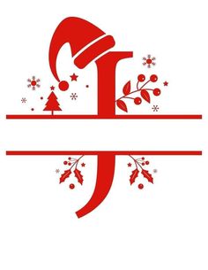 the letter f is decorated with holly branches and santa hat on it's head