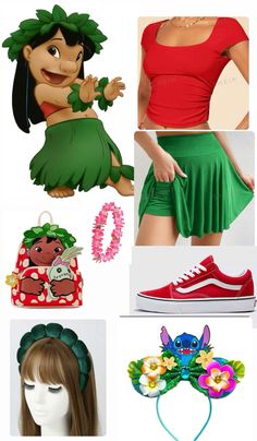 various costumes and accessories are shown in this image, including shoes, headbands, hair