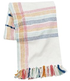 a multicolored blanket with fringes on it