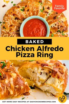 baked chicken alfredo pizza ring with text overlay